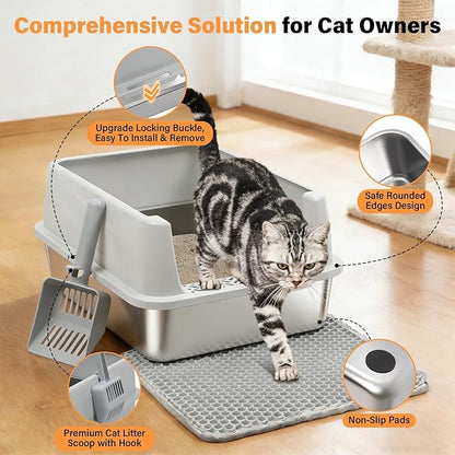 Stainless Steel Cat Litter Box, Metal Kitty Litter Box with High Sides Lid for Kittens, Small or Medium Cats, Open Top Low Entry Litter Pan Include Scoop and Mat, Anti-Urine Leakage, Easy Cleaning, M