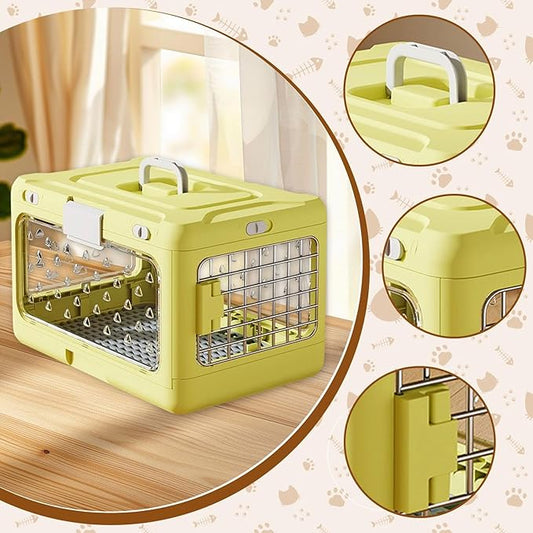 Folding Puppy Crate Cat Transport Box Hard Sided Transparent Portable Dog Kennel Pet Carrier for Small Dogs Rabbit Kitten, Yellow