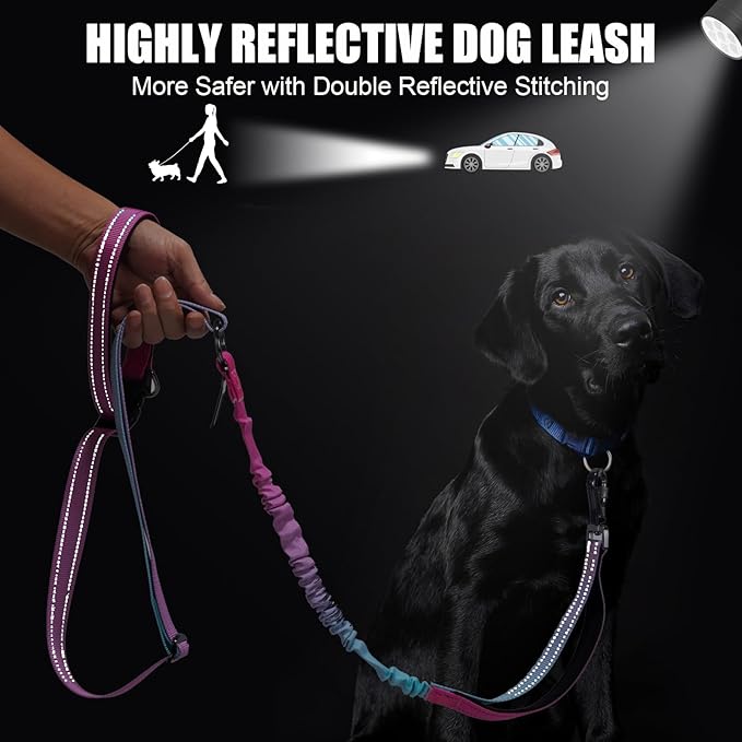 Heavy Duty Hands Free Dog Leash, 5-7 FT Reflective Adjustable Waist Dog Leash Belt with Padded Handles, Shock Absorbing Bungee and Car Seat Belt for Large Medium Dogs (Gradient Pink, XL)