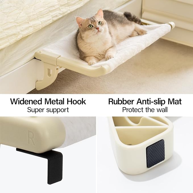 MEWOOFUN Window Sill Perch for Indoor Cats, One-Step Sliding Clamping Slot Adjustment Cat Hammock With Removable Covers, Bed for Windowsill & Bedside (Beige, Large)