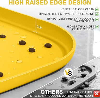 Silicone Pet Food Mat with Raised Edge for Food and Water Bowl, Dog Feeding Mats, Cat Food Trays for Floor Waterproof, Rubber Tray for Dogs and Cats, 22 x 14 x 0.8 Vivid Yellow