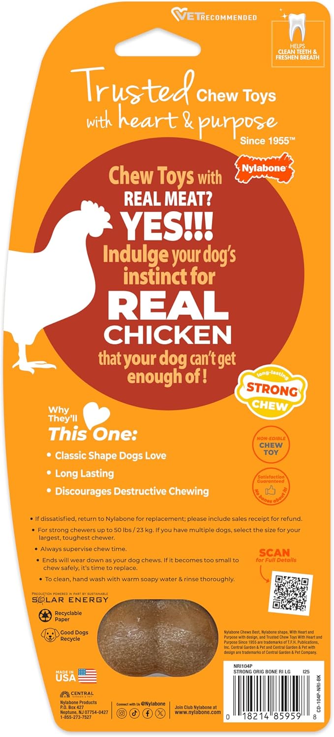 Nylabone Strong Chew Original Bone Dog Toy Made with Real Chicken, Durable Chew Toys for Aggressive Chewers, Long Lasting Dog Bone, Keeps Dogs Busy, Large Breeds - Up to 50 lbs