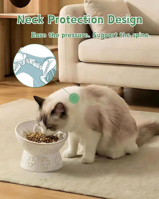 TRUVIC Ceramic Slow Feeder Cat Bowl, 15° Tilted Elevated Cat Slow Eating Bowl for Neck Protection, Anti Vomiting Dog Slow Feeder, Whisker Friendly & No Black Chin for Cats and Small Dogs, Jun Blanc