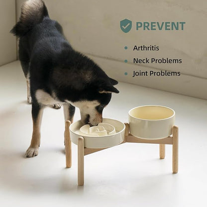 Ceramic 1.2 Cup Raised Slow Feeder Dog Bowl Set, Elevated 6.1inch Bowl and 7.3inch Puzzle Slow Food Dish with Wooden Stand for Medium and Small Dog, Anti-Gulping (2 xLight Yellow+ Stand)
