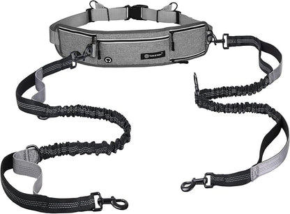 Tails & Tales Hands Free Dog Leash with Waist Pouch, Lumbar Support Upgraded, Bungee Reflective Leash, Adjustable Belt 25-55", Walking Running Hiking Training for Dogs Up to 125lbs (Gray, Two Dogs)