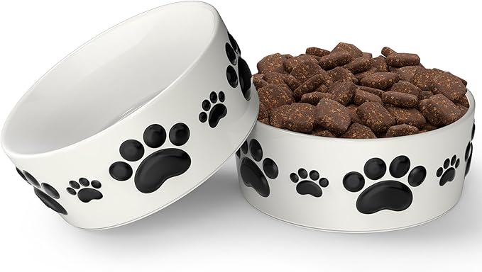 Ceramic Dog Bowls for Small Size Dog - 5'' Round × 2 Tall Dog Food Bowl & Water Bowl Set of 2 - Small Dog Bowls with Anti-Slip Rings - 2 Cups Food and Water Bowls for Dogs and Cats