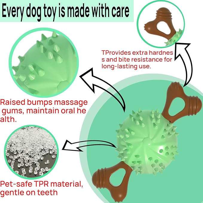 Dog Toys,Hybrid Dog Chew Toy for Aggressive Chewers, 2-in-1 Durable Wood-Plastic Bone & TPR Spike Ball, Natural Wood Scent, Integrated Safe Design for 20-100 lbs Medium Large Breeds