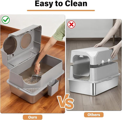 Stainless Steel Litter Box with Lid, XL Large Enclosed Cat Litter Box for Big Cats, Metal Cat Litter Box with High Sided, Anti-Leakage,Front & Top Entry,Includes Mat & Scoop