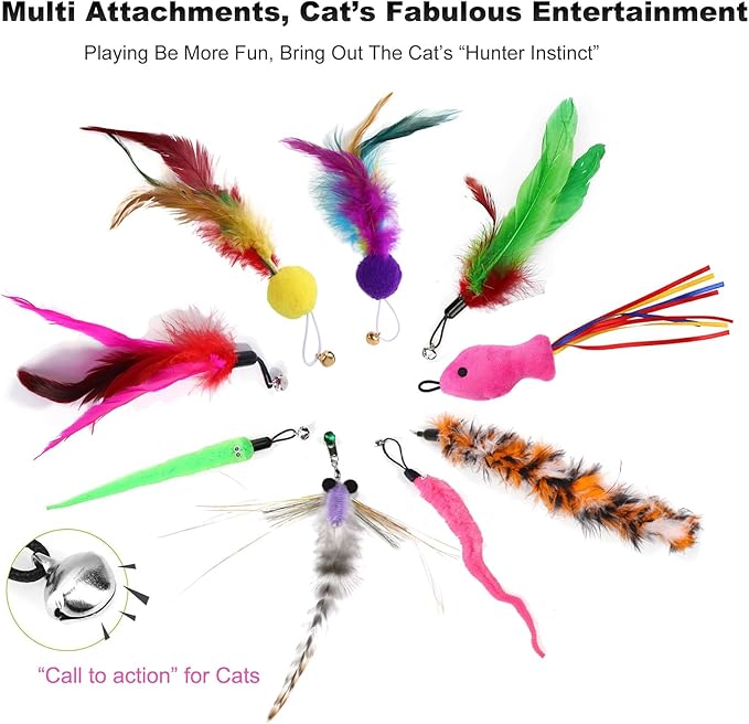 11PCS Interactive Cat Toys for Indoor, 2 Retractable Wand Toy and Feather Toys Refills to Chase and Exercise