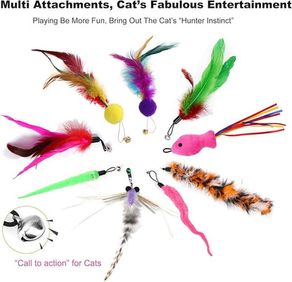 11PCS Interactive Cat Toys for Indoor, 2 Retractable Wand Toy and Feather Toys Refills to Chase and Exercise