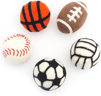 Glaciart One Sports Wool Balls for Cats – 5 Pcs with Catnip Pouch - Soft Fuzzy Enrichment 100% Natural Felt Cat Toy - Interactive Play Cat Toy Set - Safe for Pets, Non-AZO Colored Dyes – 1.6”