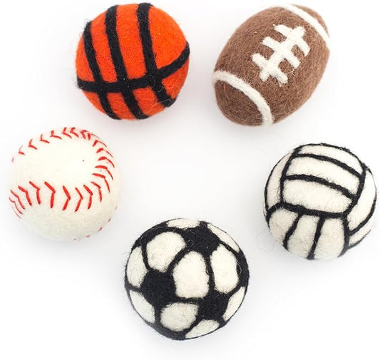 Glaciart One Sports Wool Balls for Cats – 5 Pcs with Catnip Pouch - Soft Fuzzy Enrichment 100% Natural Felt Cat Toy - Interactive Play Cat Toy Set - Safe for Pets, Non-AZO Colored Dyes – 1.6”