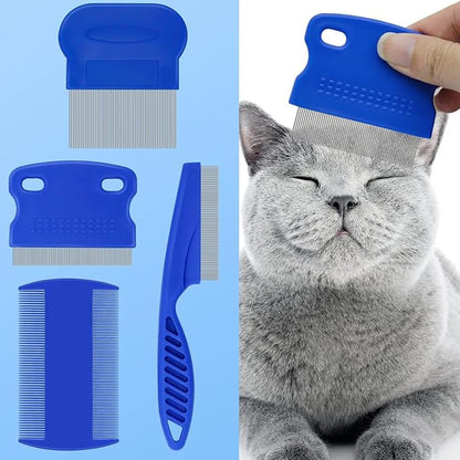 4-in-1 Pet Comb Set: Flea Lice Comb for Cats & Dogs, 4 Styles, All Hair Types, Blue