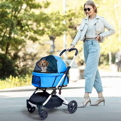 Pet Stroller for Medium Small Dog & Cat, Foldable Lightweight Dog Stroller with Storage Basket Pet Travel Carriage with Safety Leashes, 4 Wheel, Blue
