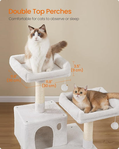 Feandrea Cat Tree, 56.3-Inch Cat Tower, Multi-Level Plush Condo with 11 Scratching Posts, 2 Perches, Hammock, Cave, Cream White UPCT015W02