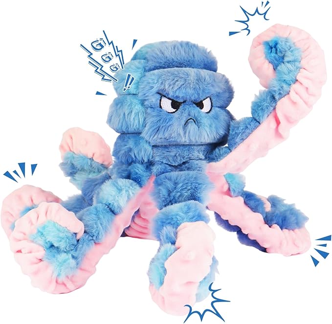 Tough Octopus Dog Toy, Interactive Squeaky & Crinkle Tug of War Toy for Aggressive Chewers, Large Durable Plush Chew Toys to Keep Dogs Busy- Crinkle Octopus, Large (Blue)