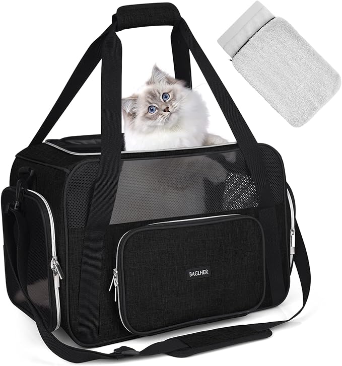 BAGLHER Pet Travel Carrier, Cat Carriers Dog Carrier for Small Medium Cats Dogs Puppies, Airline Approved Small Dog Carrier Soft Sided, Collapsible Puppy Carrier. Black