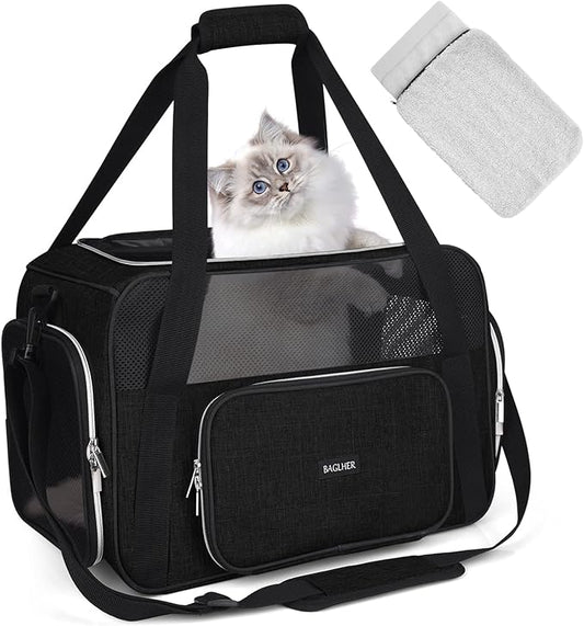 BAGLHER Pet Travel Carrier, Cat Carriers Dog Carrier for Small Medium Cats Dogs Puppies, Airline Approved Small Dog Carrier Soft Sided, Collapsible Puppy Carrier. Black
