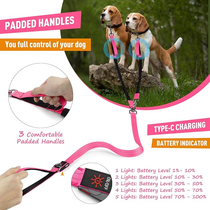 LED Double Dog Leash, 360° Swivel Dual Dog Walking Leash, Comfortable Shock Absorbing Lead for Dog, Reflective Removable Bungee for Two Dogs