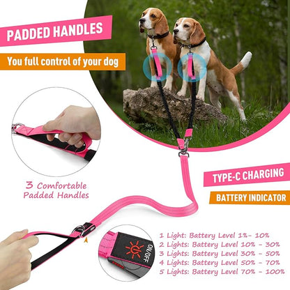 LED Double Dog Leash, 360° Swivel Dual Dog Walking Leash, Comfortable Shock Absorbing Lead for Dog, Reflective Removable Bungee for Two Dogs