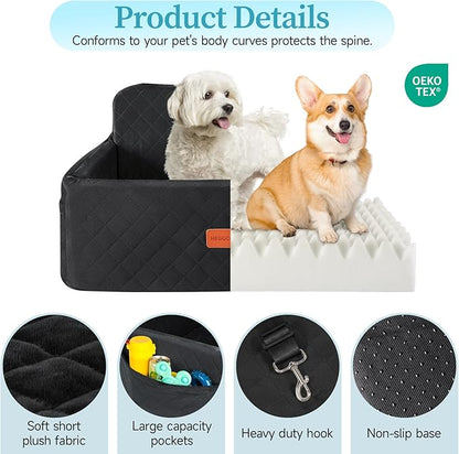 HEGGCOOE Dog Car Seat for Medium/Large Dogs, Pet Booster Seat for Under 55 lbs or 2 Small Dogs, Detachable & Washable Dog Car Bed for Backseat with 2 Safety Leashes(Black)