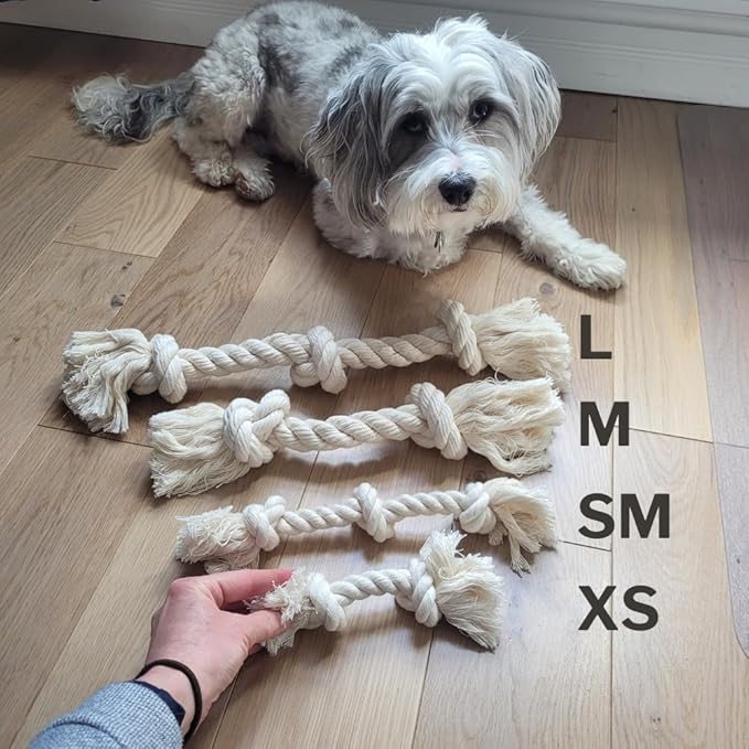 BOBA & VESPA Organic Natural White Cotton Tough Rope Toys for Dogs | USA Made | Chew Toys & Non-Toxic, Interactive Rope Toy for Small, Medium Dog to Large Dog (M (1" x 14" with 2 Knots))
