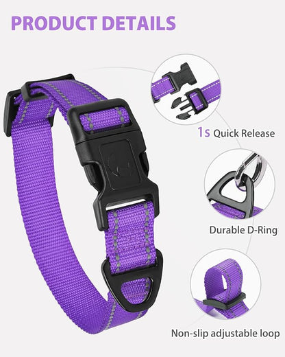 Joytale Small Dog Collar, Durable Double-Sided Reflective Nylon Collar for Night Safety, Adjustable Quick-Release for Active Breeds, Purple, S (3/4" Width)