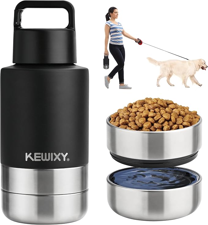 KEWIXY Insulated Dog Travel Water Bottle with Detachable Bowls, 3 in 1 Portable Dog Water Bottle Dispenser, Dog Accessories for Walking, Hiking, Camping, Outdoor (Black, 32 Oz)
