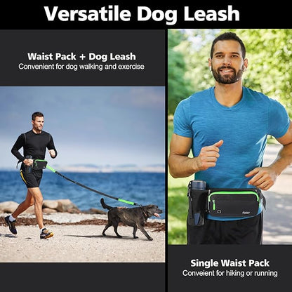 Hands Free Dog Leash, Adjustable Waist Leash for Walking with Dual Bungees Padded Handle, Shock Absorbing Hands Free Belt for Small Medium-Sized Dogs Outdoor Activities, Black + Green