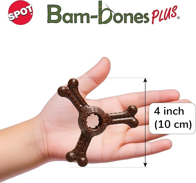 SPOT Bam-Bones Plus Triple Chew Dog Toy, Durable Bamboo Fiber & Nylon, for Aggressive Chewers, Adult Dogs & Teething Puppies Under 30lbs, 4in, Bison Flavor