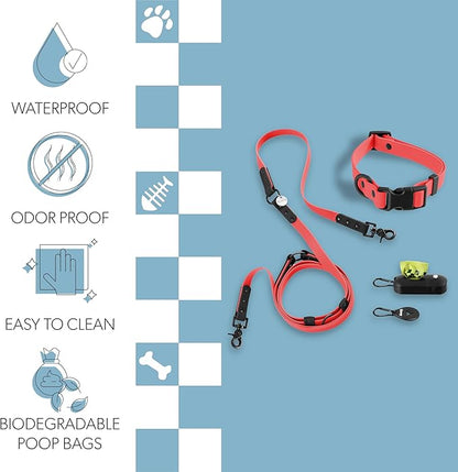 WLK1005M-5SET Luna Medium 8FT Adjustable 6-in-1 Waterproof Hands-Free Leash and Collar with LED Flashlight, Bag Dispenser, and Poop Bag Holder, Shirley