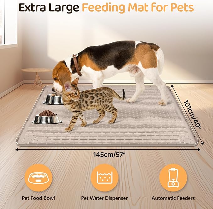 Dog Food Mat, Extra Large 57" x 40" Silicone Pet Feeding Mat with Raised Edge Pet Placemat for Small, Medium, and Large Pets Non-Slip, Easy to Clean (Khaki)