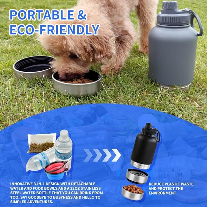 Insulated Dog Water Bottle with 2 Bowls, 32oz Insulated Stainless Steel Travel Bottle for Pets, Leak-Proof Portable Design for Hiking, Camping & Travel (Black)