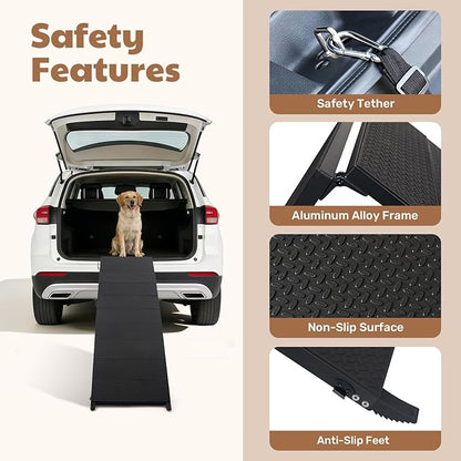 71" Extra Long Dog Ramp for Large Dogs, Heavy Duty Metal Frame Pet Ramp for High SUVs, Trucks and Cars, Portable Folding Travel Dog Ramps with Safety Latch, Supports up to 350lbs
