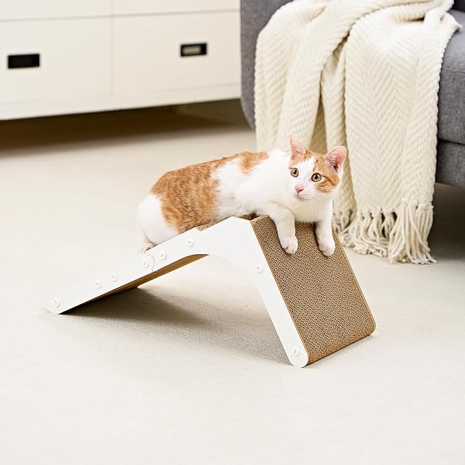 EHEYCIGA Cardboard Cat Scratcher for Indoor Cats, 26.8 Inch L Shaped Vertical Cat Scratching Board with Ball Cat Toy, Large Cat Scratcher Pad, White