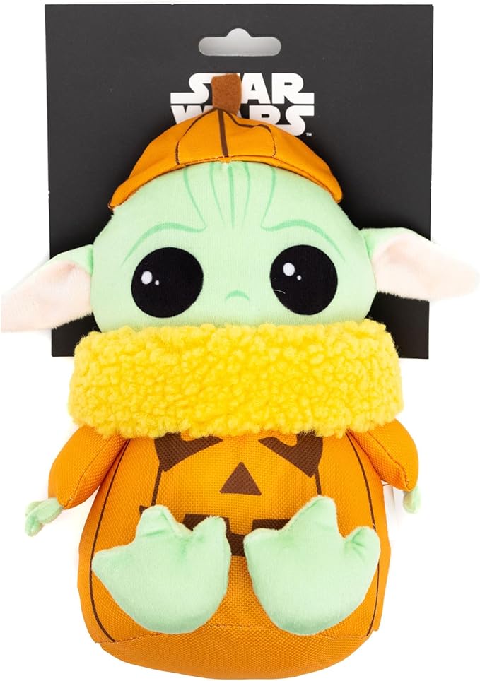 Star Wars Squeaky Plush Dog Toy for Large, Medium & Small Dogs, Halloween Grogu Pumpkin Sitting Pose, 8.5" x 7.0"