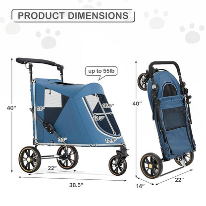 MoNiBloom Pet Stroller for Large Dogs or Multiple Dogs Cats with Adjustable Handle, 3-Wheels Dual Entry Portable Dog Carting Easy Folding Pet Wagon Double Dog Stroller up to 55 lbs, Navy Blue
