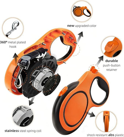 26Ft Retractable Dog Leash, Heavy Duty Great Leash for Dog up to 110 lbs, Anti-Slip Rubberized Handle, One-Handed Brake, Strong Nylon Tape, Tangle Free(Large，Orange&Black).