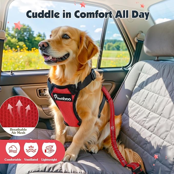 Pawaboo Dog Seat Belt Harness for Car, Dog Car Harness Seatbelt with Double Clips, Adjustable Breathable Pet Vest & Dogs Safety Tether with Elastic Bungee for Small Medium Large Pet, S, Red+Black