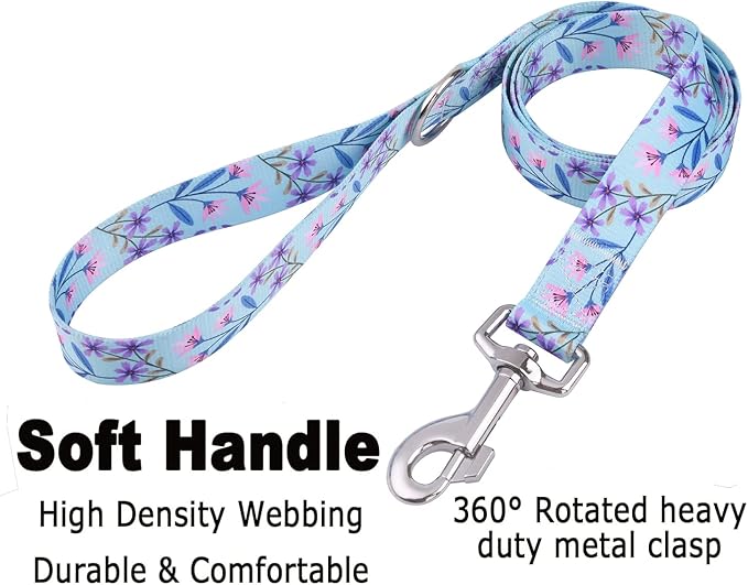 Dog Collar and Leash Set with Bohemia Floral Tribal Geometric Patterns - Soft Ethnic Style Collar Adjustable for Small Medium Large Dogs(Pink + Purple Floral Set,M)