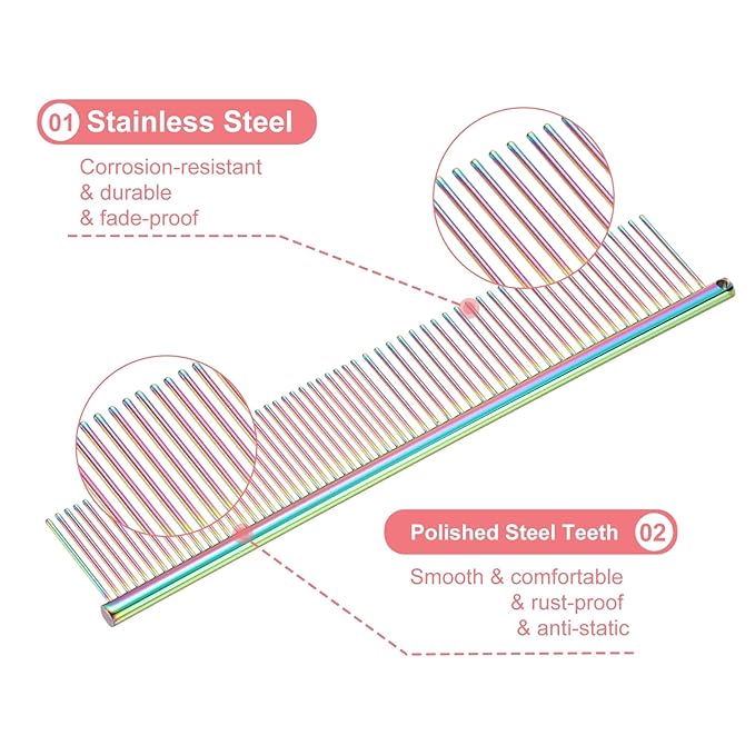 Dog Cat Comb, Pet Combs Stainless Steel Teeth with Rounded Ends for Knot Mat Loose Hair Removal, 6.5/7.5IN (Colorful Plated, 2 Pack), Grooming Tool Intended for Long Curly Hair Pet