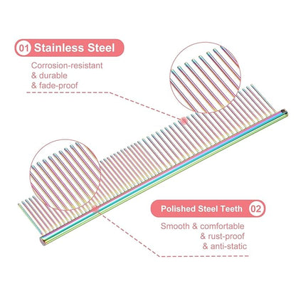 Dog Cat Comb, Pet Combs Stainless Steel Teeth with Rounded Ends for Knot Mat Loose Hair Removal, 6.5/7.5IN (Colorful Plated, 2 Pack), Grooming Tool Intended for Long Curly Hair Pet