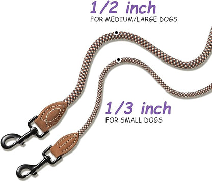 Mile High Life Small Dog Leash, Thin Rope Leash with Genuine Leather Connection and Heavy Duty Metal Clasp, Great for Small Medium Dogs(Brown,60 Inch-1/3)