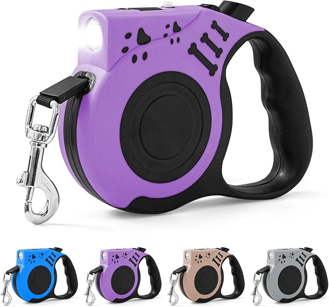 Retractable Dog Leash with USB Rechargeable Flashlight for Night Walks, 16FT Automatic Telescopic Tractor Dog Leash for Small and Medium Dogs, Purple