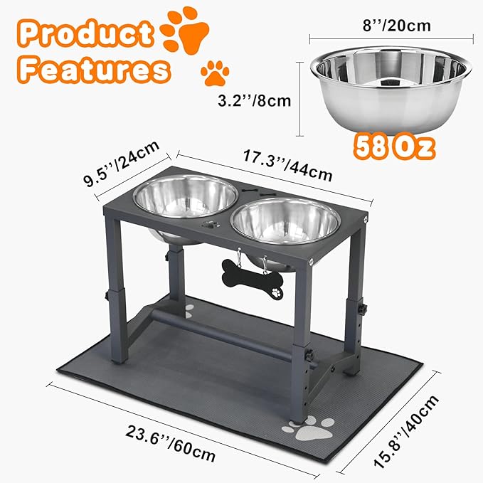 Elevated Dog Bowls, 4 Height Adjustable Metal Raised Bowl Stand with 2 Thick Stainless Steel Food Bowls & Spill-Proof Mat, Adjusts to 13.6'', 12.2'', 10.9'', 9.5'' for Large/Medium Breeds
