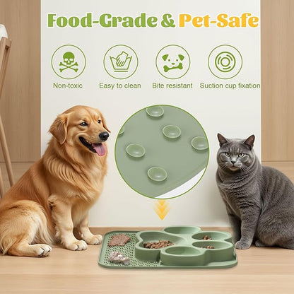 Silicone Slow Feeder Dog Bowls & Cat Bowls, 2 Cups Small Pet Food Bowl with Non-Slip Suction Base, Food-Grade Safe Puzzle Feeder for Small & Medium Dogs & Indoor Cats (Paw Lick Mat (Green))