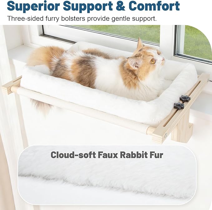 Cat Sill Window Perch - 100% Natural Pine Frame, Soft Rabbit Fur Cushion, Tool-Free Adjustment, Supports 50 lbs (Large-White)