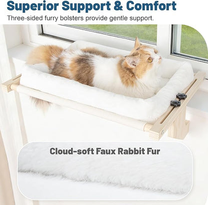 Cat Sill Window Perch - 100% Natural Pine Frame, Soft Rabbit Fur Cushion, Tool-Free Adjustment, Supports 50 lbs (Large-White)