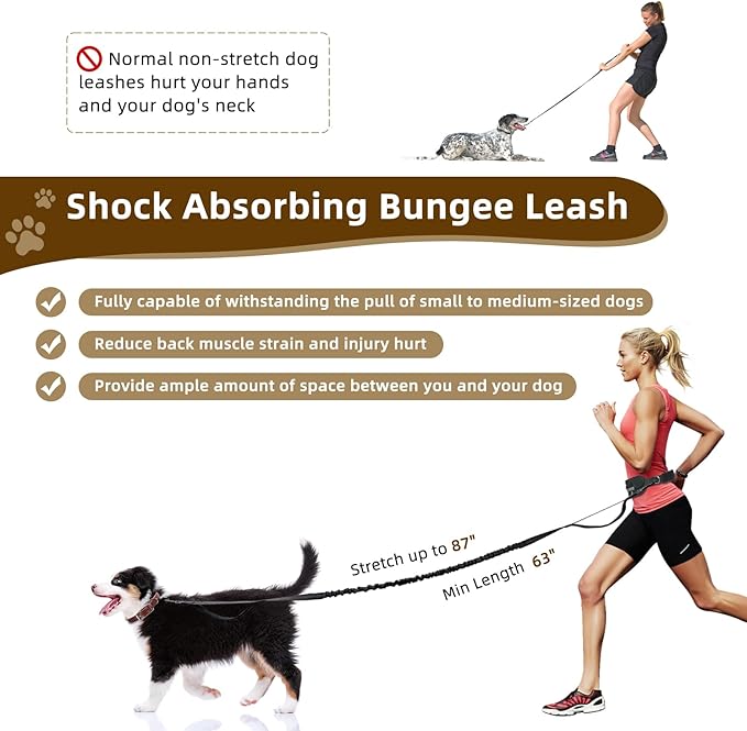 Hands Free Dog Leash with Zipper Pouch, Dual Padded Handle Waist Belt, Retractable Bungee Leash with Reflective Stictches for Small & Medium Dog Running Walking Jogging Training, Black