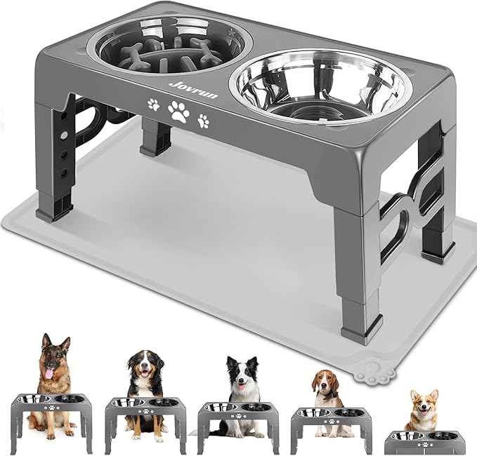 Elevated Dog Bowls for Medium Size Dogs with Mat, Non-Slip Dog Feeder with 1*Stainless Steel Dishes & 1*Slow Feeder Bowl, 5 Heights Adjustable Raised Bowls for 3.15″-8.66″-9.84″-11.02″-12.2″